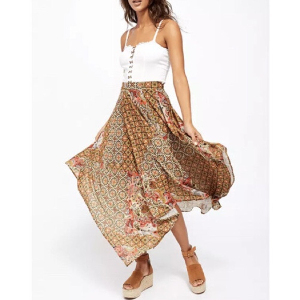 Free People Sz S Mosaic Stay Awhile Maxi Skirt Lined Women’s Green Multi